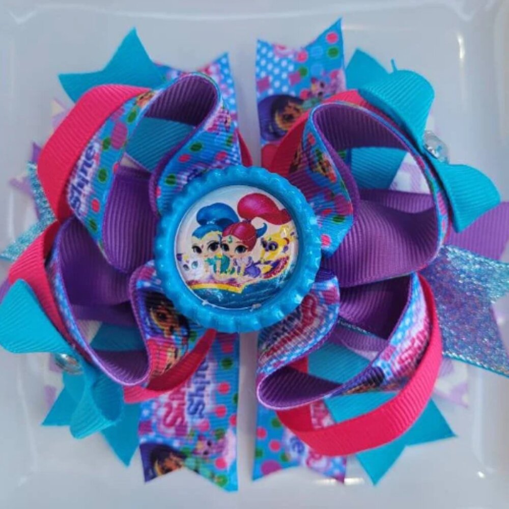 Shimmer and Shine Turquoise Pink Purple Bottle Cap Hair Bow 5"